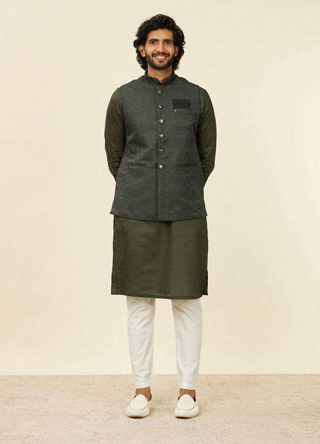 alt message - Manyavar Men Dark Green Victorian Patterned Nehru Jacket image number 2